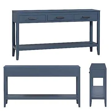 Modern Wood Console Table 59-Inch Extra Long Entryway Table Sofa Table with Drawers & Open Storage Shelf for Living Room Entrance Hallway (Blue)