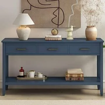 Modern Wood Console Table 59-Inch Extra Long Entryway Table Sofa Table with Drawers & Open Storage Shelf for Living Room Entrance Hallway (Blue)
