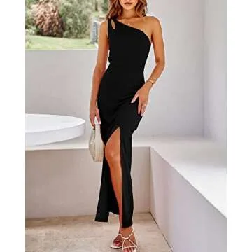 BTFBM Women One Shoulder Formal Dresses Cutout Sleeveless Side Split Backless Bodycon Party Cocktail Evening Maxi Dress(Solid Black, Small)