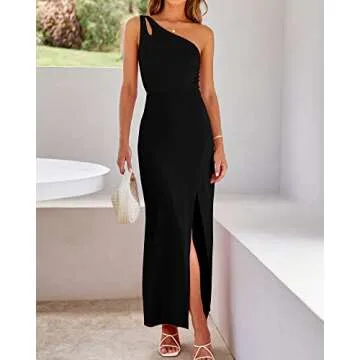 BTFBM Women One Shoulder Formal Dresses Cutout Sleeveless Side Split Backless Bodycon Party Cocktail Evening Maxi Dress(Solid Black, Small)