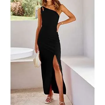 BTFBM Women One Shoulder Formal Dresses Cutout Sleeveless Side Split Backless Bodycon Party Cocktail Evening Maxi Dress(Solid Black, Small)