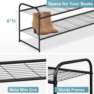 AOODA Long 2 Tier Shoe Rack for Closet Metal Wide Stackable Shoe Storage Organizer for Entryway, Bedroom, Floor, 18-Pairs Low Shoe Shelf, Black