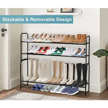 AOODA Long 2 Tier Shoe Rack for Closet Metal Wide Stackable Shoe Storage Organizer for Entryway, Bedroom, Floor, 18-Pairs Low Shoe Shelf, Black