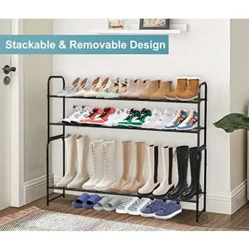 AOODA Long 2 Tier Shoe Rack for Closet Metal Wide Stackable Shoe Storage Organizer for Entryway, Bedroom, Floor, 18-Pairs Low Shoe Shelf, Black