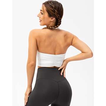 Lavento Women's Halter Sports Bra Pleated Longline Padded Yoga Crop Bras Top (White, 8)