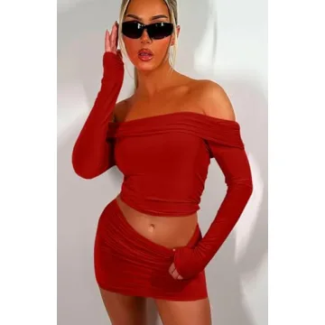 GOBLES Women's Sexy Off The Shoulder 2 Piece Skirt Set