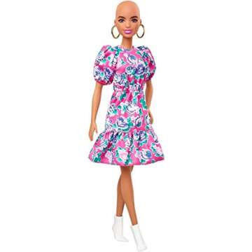 Barbie Fashionistas Doll #150 with No-Hair Look Wearing Pink Floral Dress, White Booties & Earrings,...
