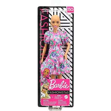 Barbie Fashionistas Doll #150 with No-Hair Look Wearing Pink Floral Dress, White Booties & Earrings, Toy for Kids 3 to 8 Years Old