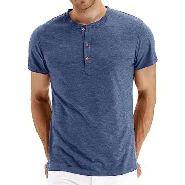 Alizeal Mens Classic Henley Shirts Casual Solid Short Sleeve Wooden Button Cotton T-Shirt, Steel Blue-M