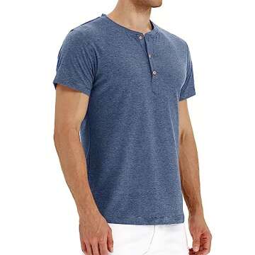 Alizeal Mens Classic Henley Shirts Casual Solid Short Sleeve Wooden Button Cotton T-Shirt, Steel Blue-M