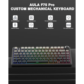 Aula F75 Pro Wireless Mechanical Keyboard,75% Hot Swappable Custom Keyboard with Knob,2.4GHz/USB-C/B...
