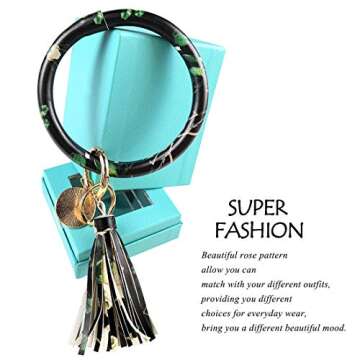 M&C Music Color Leather Bracelet Key Ring Bangle Keyring, Tassel Ring Circle Key Ring Keychain Wrist...