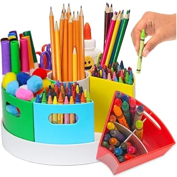 PUZZLE EZ Crayon Organizer and Storage Lazy Susan School Art Supplies Caddy | Rotating Kids Desk Org...