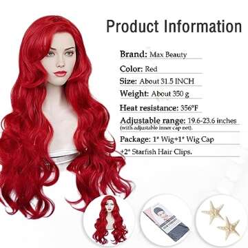 LABEAUTÉ Max Beauty Red Mermaid Wigs for Woman with Starfish Hair Clips, Adult Curly Long Hair Daily Wig Heat Resistant Synthetic Fiber for Halloween for Cosplay for Christmas (Red 1)