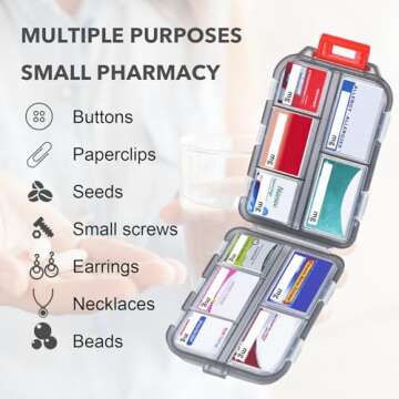Travel Pill Organizer with 189 Medicine Labels, 10 Compartments Small Pill Case Compact and Portable Travel Pill Box for Airplane Car Purse Nurse Vacation Essentials (Gray, 1 Pack)
