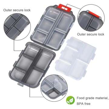 Travel Pill Organizer with 189 Medicine Labels, 10 Compartments Small Pill Case Compact and Portable Travel Pill Box for Airplane Car Purse Nurse Vacation Essentials (Gray, 1 Pack)