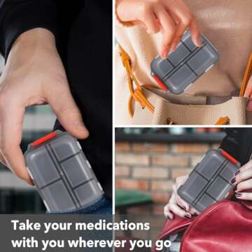 Travel Pill Organizer with 189 Medicine Labels, 10 Compartments Small Pill Case Compact and Portable Travel Pill Box for Airplane Car Purse Nurse Vacation Essentials (Gray, 1 Pack)