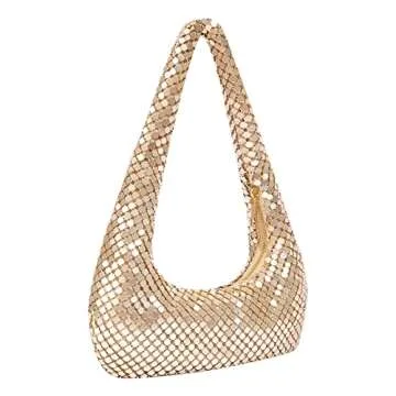 Fahion Designer Gold Evening Bag for Women Hobo Bag Cute Small Purses Trendy Purses (Gold)