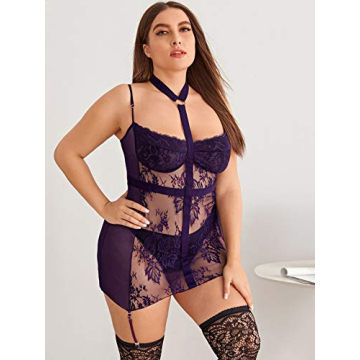 Floerns Plus Size Sexy Lace Lingerie Dress with Stockings