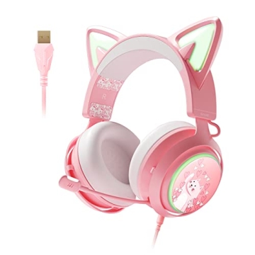 EASARS Cat Ear Headset - Pink Gaming Headset with RGB Lighting and Retractable Mic