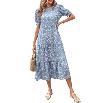 PRETTYGARDEN Women's Summer Casual Boho Dress Floral Print Ruffle Puff Short Sleeve Flowy Midi Beach...