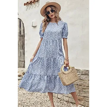 PRETTYGARDEN Women's Summer Casual Boho Dress Floral Print Ruffle Puff Short Sleeve Flowy Midi Beach Party Dresses (Blue,Large)