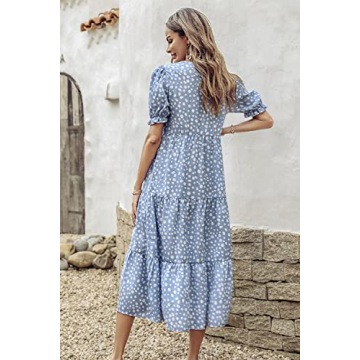 PRETTYGARDEN Women's Summer Casual Boho Dress Floral Print Ruffle Puff Short Sleeve Flowy Midi Beach Party Dresses (Blue,Large)