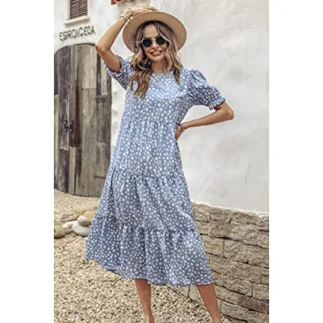 PRETTYGARDEN Women's Summer Casual Boho Dress Floral Print Ruffle Puff Short Sleeve Flowy Midi Beach Party Dresses (Blue,Large)