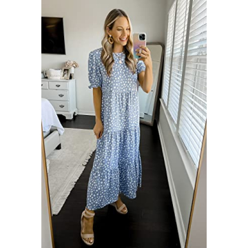 PRETTYGARDEN Women's Summer Casual Boho Dress Floral Print Ruffle Puff Short Sleeve Flowy Midi Beach Party Dresses (Blue,Large)