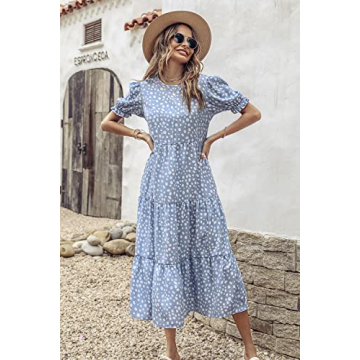 PRETTYGARDEN Women's Summer Casual Boho Dress Floral Print Ruffle Puff Short Sleeve Flowy Midi Beach Party Dresses (Blue,Large)