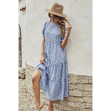 PRETTYGARDEN Women's Summer Casual Boho Dress Floral Print Ruffle Puff Short Sleeve Flowy Midi Beach Party Dresses (Blue,Large)