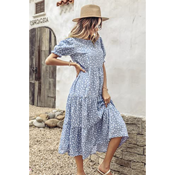 PRETTYGARDEN Women's Summer Casual Boho Dress Floral Print Ruffle Puff Short Sleeve Flowy Midi Beach Party Dresses (Blue,Large)