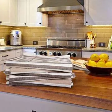 Urban Villa Kitchen Towels,Horizontal Stripes,Premium Quality,100% Cotton Dish Towels,Mitered Corners,Ultra Soft (Size: 20X30 Inch), Taupe/Choclate, Highly Absorbent Tea Towels (Set of 6)