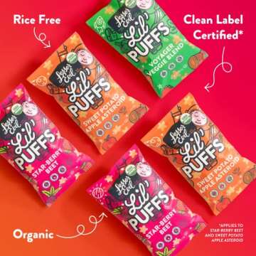 LesserEvil Lil' Puffs Variety Pack, Contains 2 Sweet Potato Apple, 2 Strawberry Beet, and 1 Veggie Blend, Organic Snacks for Kids, Rice-Free, 0g Sugar Per Serving, 2.5 Oz, (Pack of 5)