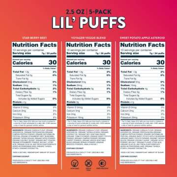 LesserEvil Lil' Puffs Variety Pack, Contains 2 Sweet Potato Apple, 2 Strawberry Beet, and 1 Veggie Blend, Organic Snacks for Kids, Rice-Free, 0g Sugar Per Serving, 2.5 Oz, (Pack of 5)
