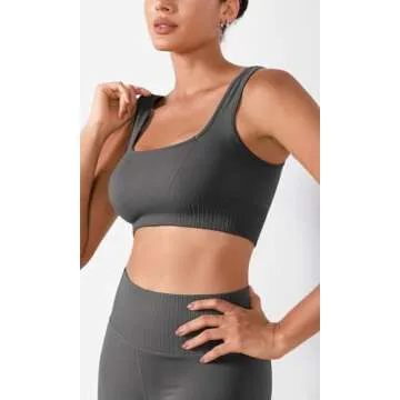 ODODOS Seamless Square Neck Sports Bra for Women Ribbed Crop Tank Casual Low Back Cropped Tops, Char...