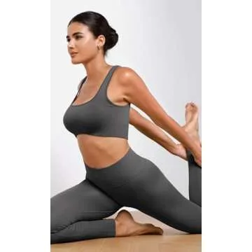 ODODOS Seamless Square Neck Sports Bra for Women Ribbed Crop Tank Casual Low Back Cropped Tops, Charcoal, Medium/Large