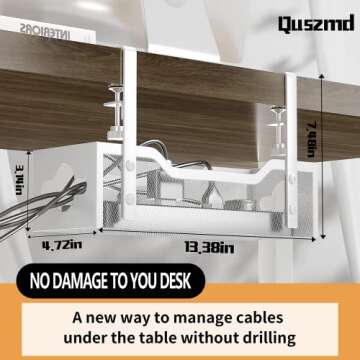 Cable Management Under Desk 13.38"- No Damage to Desk, Standing Desk Cable Organizer, Quszmd Under D...