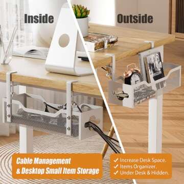 Cable Management Under Desk 13.38"- No Damage to Desk, Standing Desk Cable Organizer, Quszmd Under Desk Cord Organizer, Under Desk Wire Management Tray White