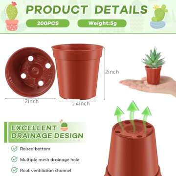 Yaomiao 200 Pcs 2 Inch Red Mini Plastic Plant Pot Nursery Seedling Pots Seed Starter with Drainage H...