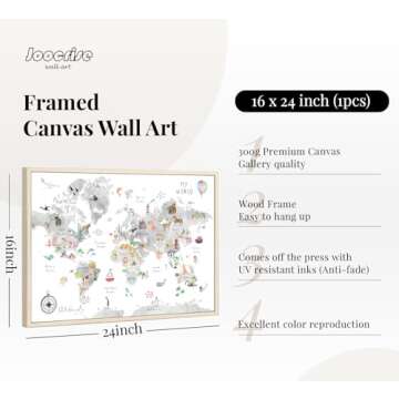 Grey Kids World Map Wall Art Animal Map Canvas Wall Art Educational Wall Art Nursery Wall Decor Worl...