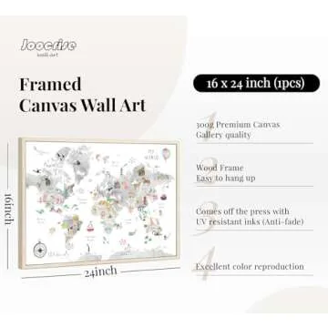 Grey Kids World Map Wall Art Animal Map Canvas Wall Art Educational Wall Art Nursery Wall Decor Worl...