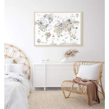 Grey Kids World Map Wall Art Animal Map Canvas Wall Art Educational Wall Art Nursery Wall Decor World Map Poster Childrens Room Decor Playroom Prints 16x24 Inch Framed