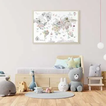 Grey Kids World Map Wall Art Animal Map Canvas Wall Art Educational Wall Art Nursery Wall Decor World Map Poster Childrens Room Decor Playroom Prints 16x24 Inch Framed