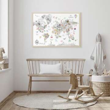 Grey Kids World Map Wall Art Animal Map Canvas Wall Art Educational Wall Art Nursery Wall Decor World Map Poster Childrens Room Decor Playroom Prints 16x24 Inch Framed