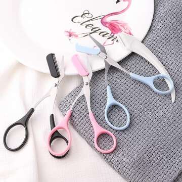 3pcs-Eyebrow Scissors with Eyebrow Razor,Professional Eyebrow Trimmer Scissors with Comb,Non Slip Finger Grips Eyebrow Trimmer, Hair Removal Beauty Accessories for Men Women (Black, Pink, Blue)