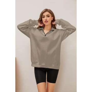 Meladyan Womens Half Zip Sweatshirt Oversized Long Sleeve Collar Drop Shoulder Solid 1/4 Zipper Pullover Jacket, Coffee Grey