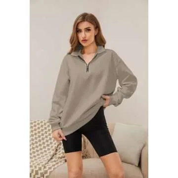 Meladyan Womens Half Zip Sweatshirt Oversized Long Sleeve Collar Drop Shoulder Solid 1/4 Zipper Pullover Jacket, Coffee Grey