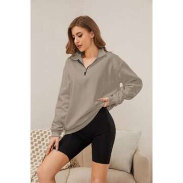 Meladyan Womens Half Zip Sweatshirt Oversized Long Sleeve Collar Drop Shoulder Solid 1/4 Zipper Pullover Jacket, Coffee Grey