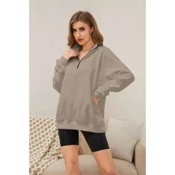 Meladyan Womens Half Zip Sweatshirt Oversized Long Sleeve Collar Drop Shoulder Solid 1/4 Zipper Pullover Jacket, Coffee Grey